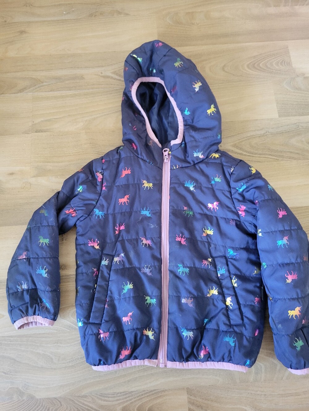Kids Hooded Puffer Jacket - Navy with Multicolor Unicorns